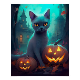 Póster Gato azul ruso de Halloween con calabazas aterrado