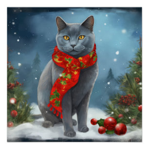 Póster Gato azul ruso en Navidades de nieve