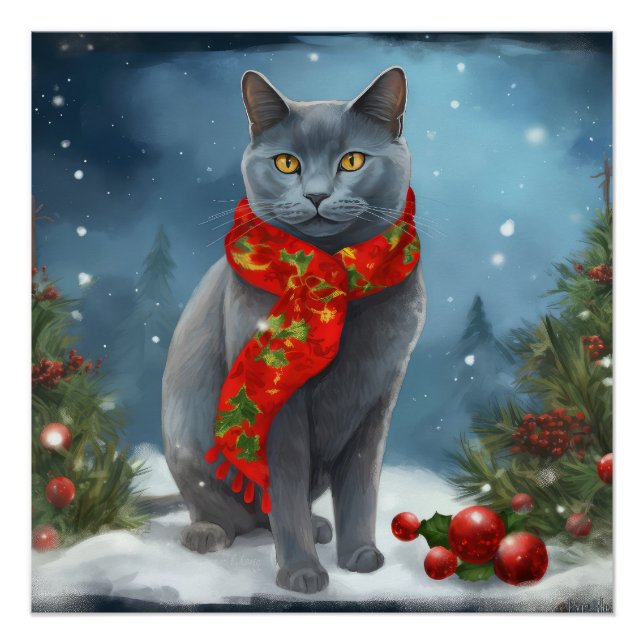Póster Gato azul ruso en Navidades de nieve (Anverso)