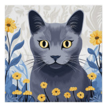 Gato Azul Ruso Flores Amarillas