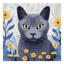 Póster Gato Azul Ruso Flores Amarillas