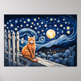 Póster Gato bajo acuarela estrellada nocturna