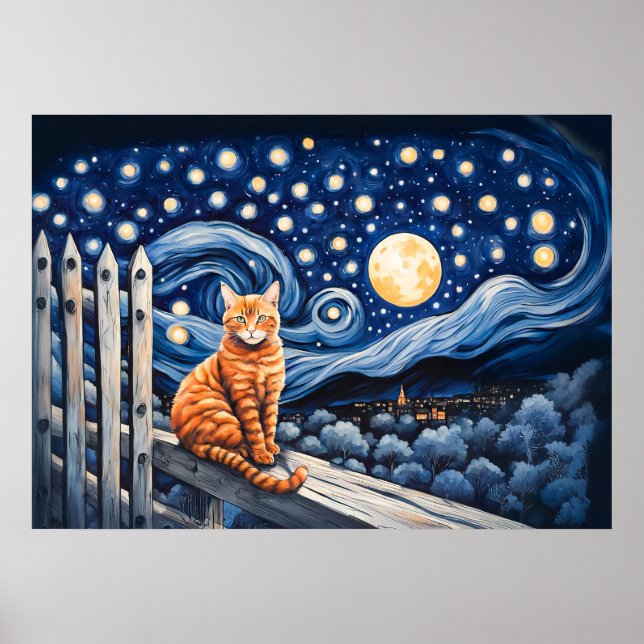 Póster Gato bajo acuarela estrellada nocturna (Frente)