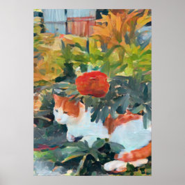 Póster gato bajo un arbusto florido mejorado