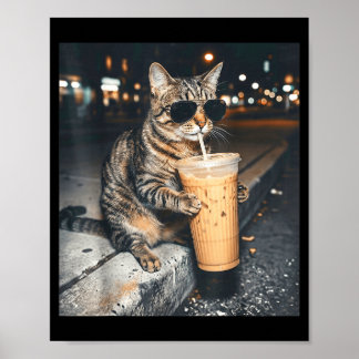 Póster Gato bebiendo café helado divertido meme animal ho