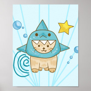 Póster Gato beige lindo en disfraz de tiburón tema marino