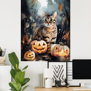 Póster Gato Bengal de Halloween con calabazas aterradoras