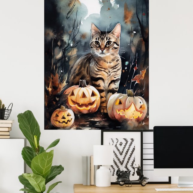 Póster Gato Bengal de Halloween con calabazas aterradoras (Oficina en casa)