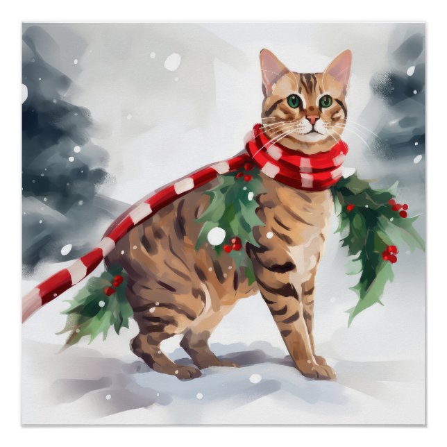 Póster Gato Bengal en Navidad con Nieve  (Anverso)