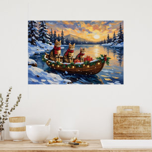 Póster Gato Bengal Navidad Barco Fiesta