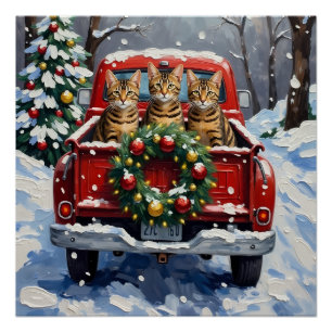 Póster Gato Bengal Navidad Camión Rojo Fiesta