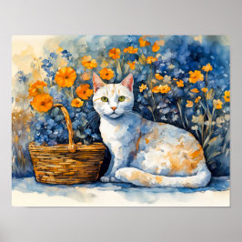 Póster Gato blanco acuarela en cesta de flores