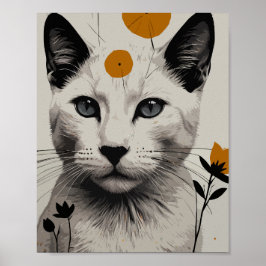 Póster Gato blanco con elementos florales