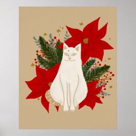 Póster Gato blanco con follaje navidad - clásico