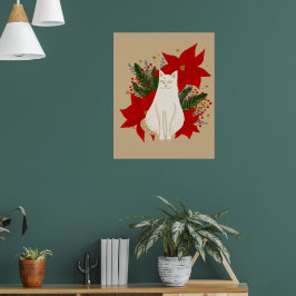 Póster Gato blanco con follaje navidad - clásico