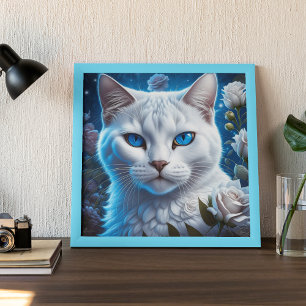 Póster Gato blanco con ojos azules brillantes florales