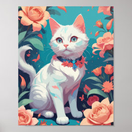 Póster Gato blanco con rosas rosadas