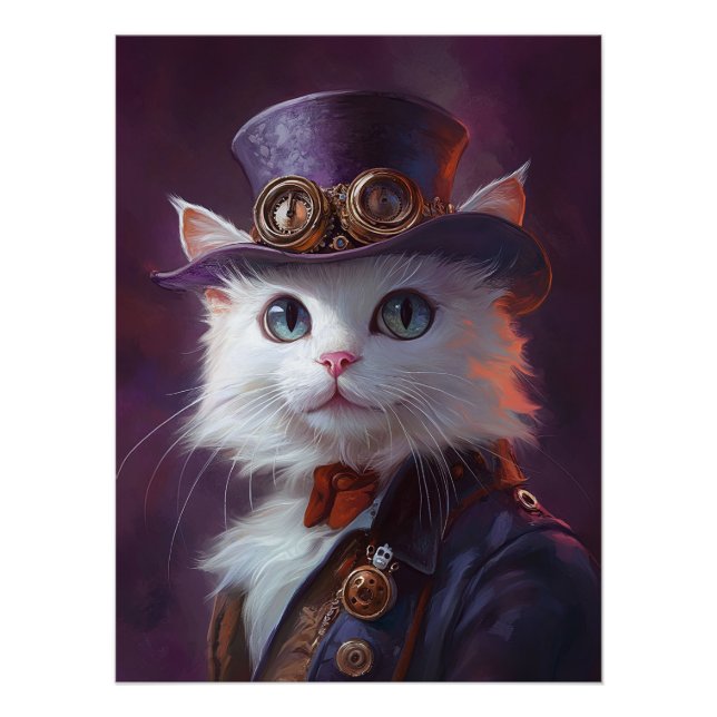 Póster Gato blanco con traje de Steampunk (Anverso)