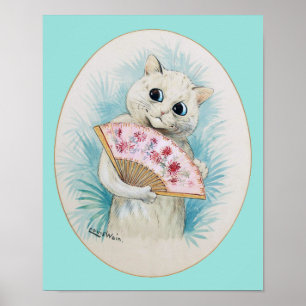 Póster Gato blanco con ventilador, Louis Wain