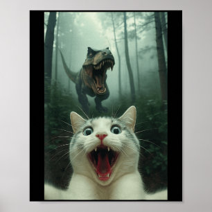 Póster Gato Blanco Divertido Selfie Con Dinosaurio T-Rex,