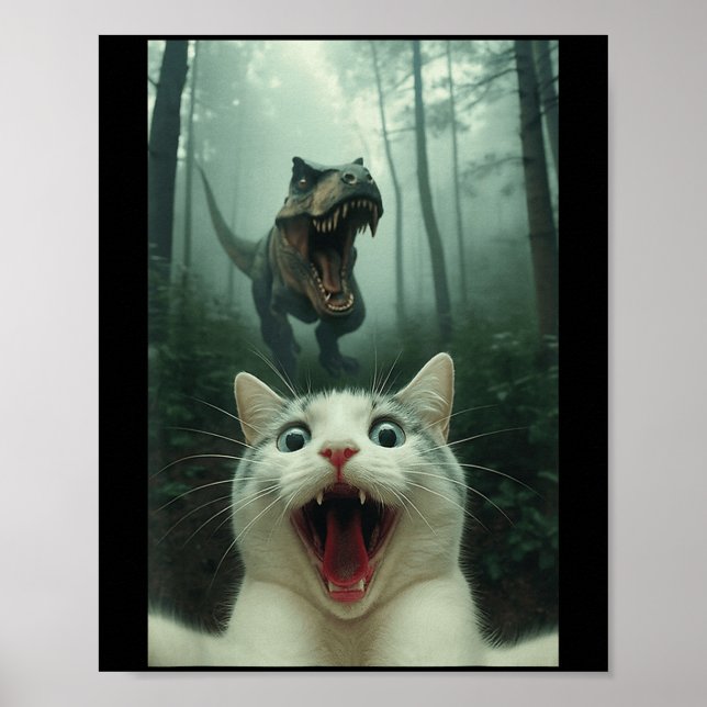 Póster Gato Blanco Divertido Selfie Con Dinosaurio T-Rex, (Frente)
