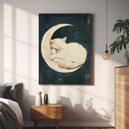 Póster Gato blanco durmiendo en luna creciente - Noche so
