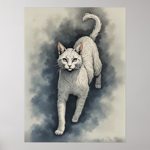 Póster Gato blanco en estilo de dibujo a tinta china