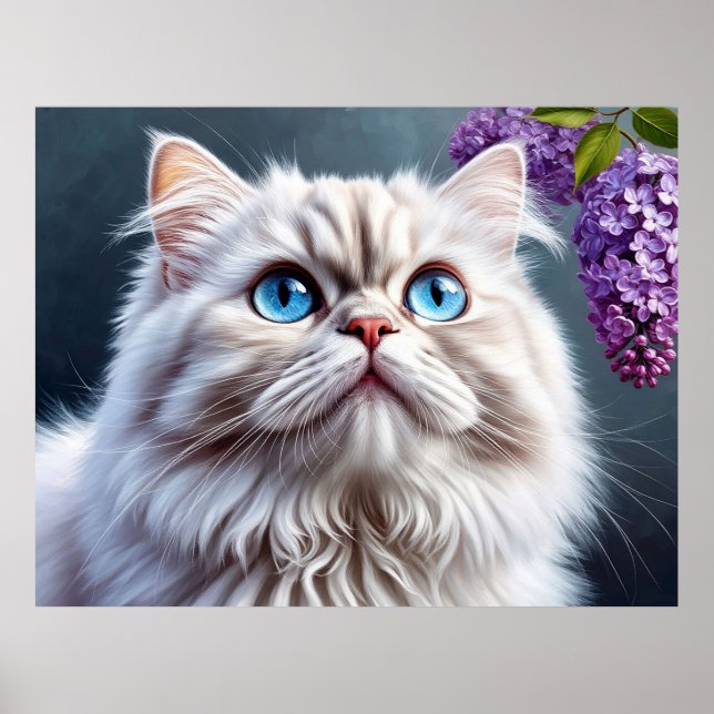 Póster Gato Blanco Esponjoso Con Ojos Azules (Frente)