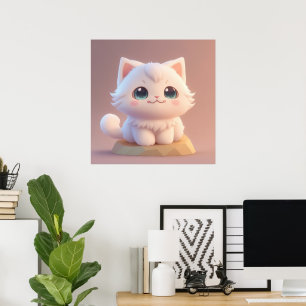 Póster Gato blanco esponjoso con ojos grandes lindos