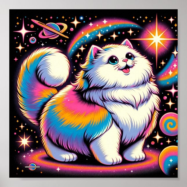 Póster Gato blanco esponjoso en el espacio (Frente)