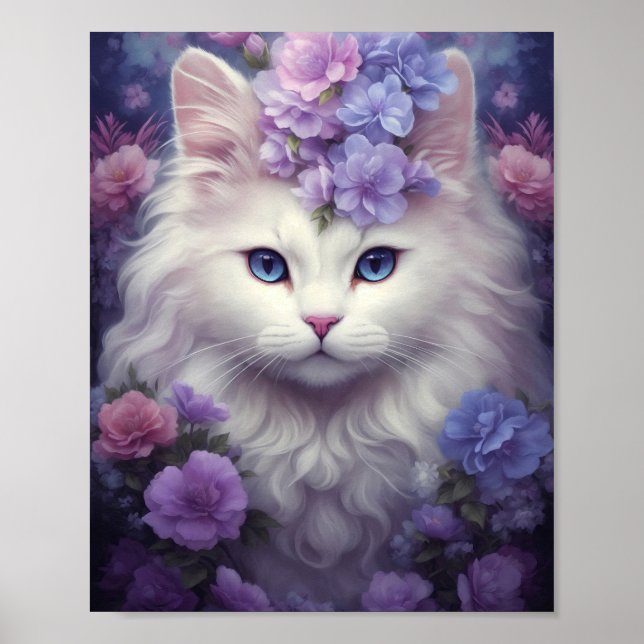Póster Gato blanco fantástico con flores (Frente)