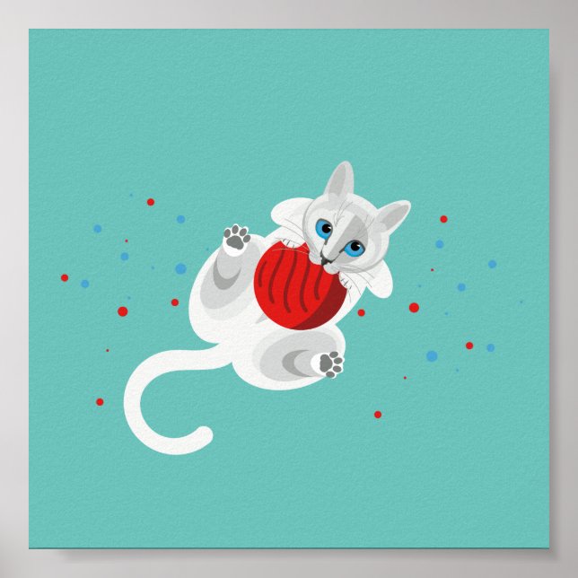 Póster Gato blanco geométrico jugando con bola roja (Frente)