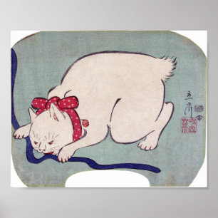 Póster Gato blanco jugando con una cuerda, Hiroshige