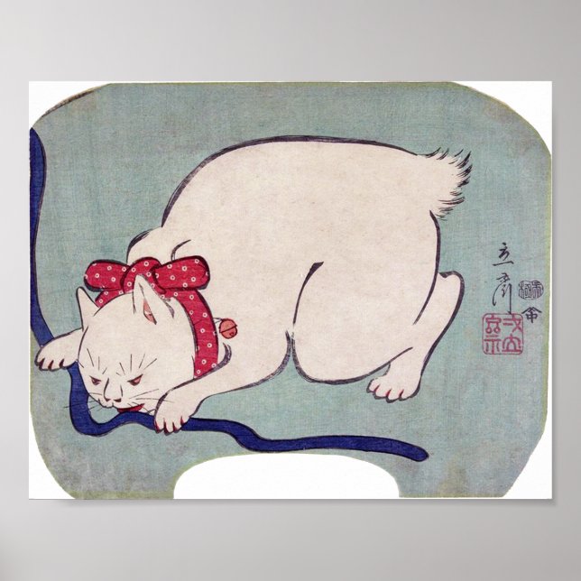 Póster Gato blanco jugando con una cuerda, Hiroshige (Frente)