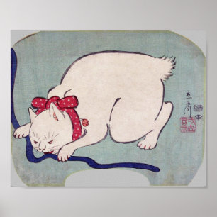Póster Gato blanco jugando con una cuerda, Hiroshige