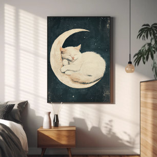 Póster Gato blanco lindo durmiendo en la luna