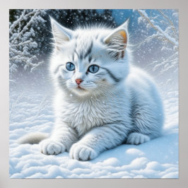 Póster Gato blanco lindo jugando en la nieve