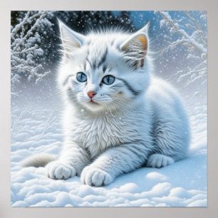 Póster Gato blanco lindo jugando en la nieve