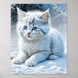 Póster Gato blanco lindo jugando en la nieve