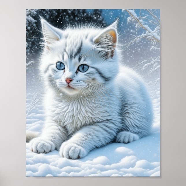 Póster Gato blanco lindo jugando en la nieve (Frente)
