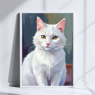 Póster Gato Blanco Pintura de Mascota de Gato en Acuare