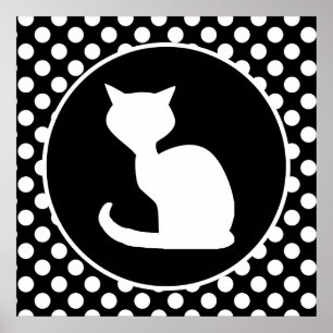 Póster Gato blanco sobre puntos de polka blanco y negro