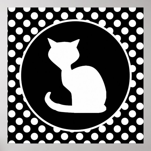Póster Gato blanco sobre puntos de polka blanco y negro (Frente)