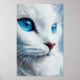 Póster Gato blanco vertical con ojos azules