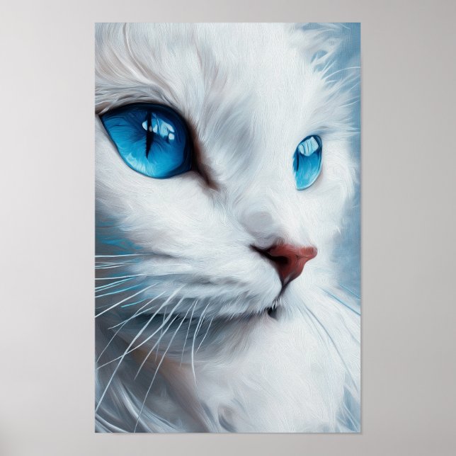 Póster Gato blanco vertical con ojos azules (Frente)