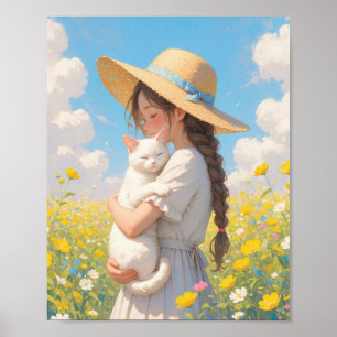Póster Gato Blanco y Anime de Chica