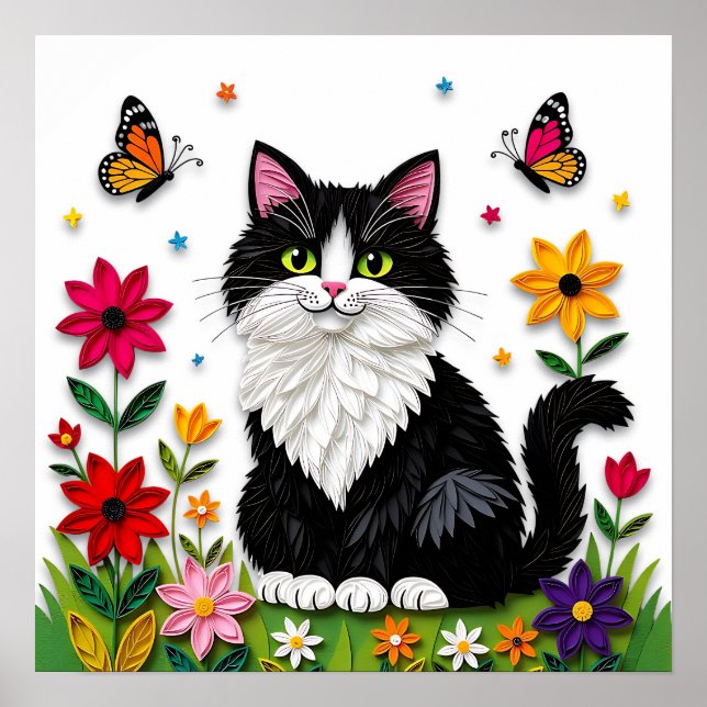 Póster Gato blanco y negro lindo, flores y mariposas (Frente)