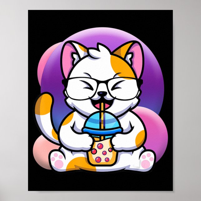 Póster gato boba come ramen anime kawaii neko gato come r (Frente)
