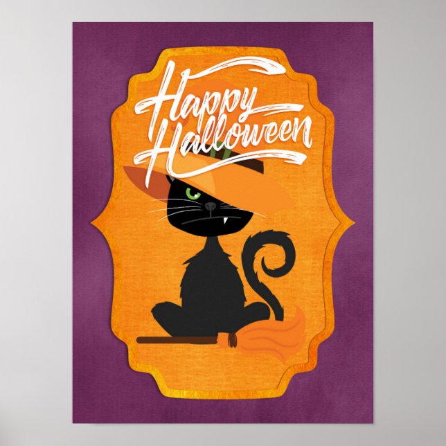 Póster Gato Bruja Feliz Halloween (Frente)