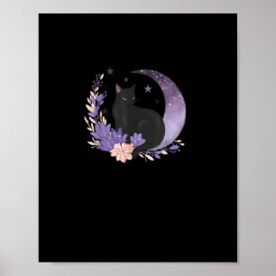 Póster Gato Bruja Flores Luna Goth Pastel Goblincore